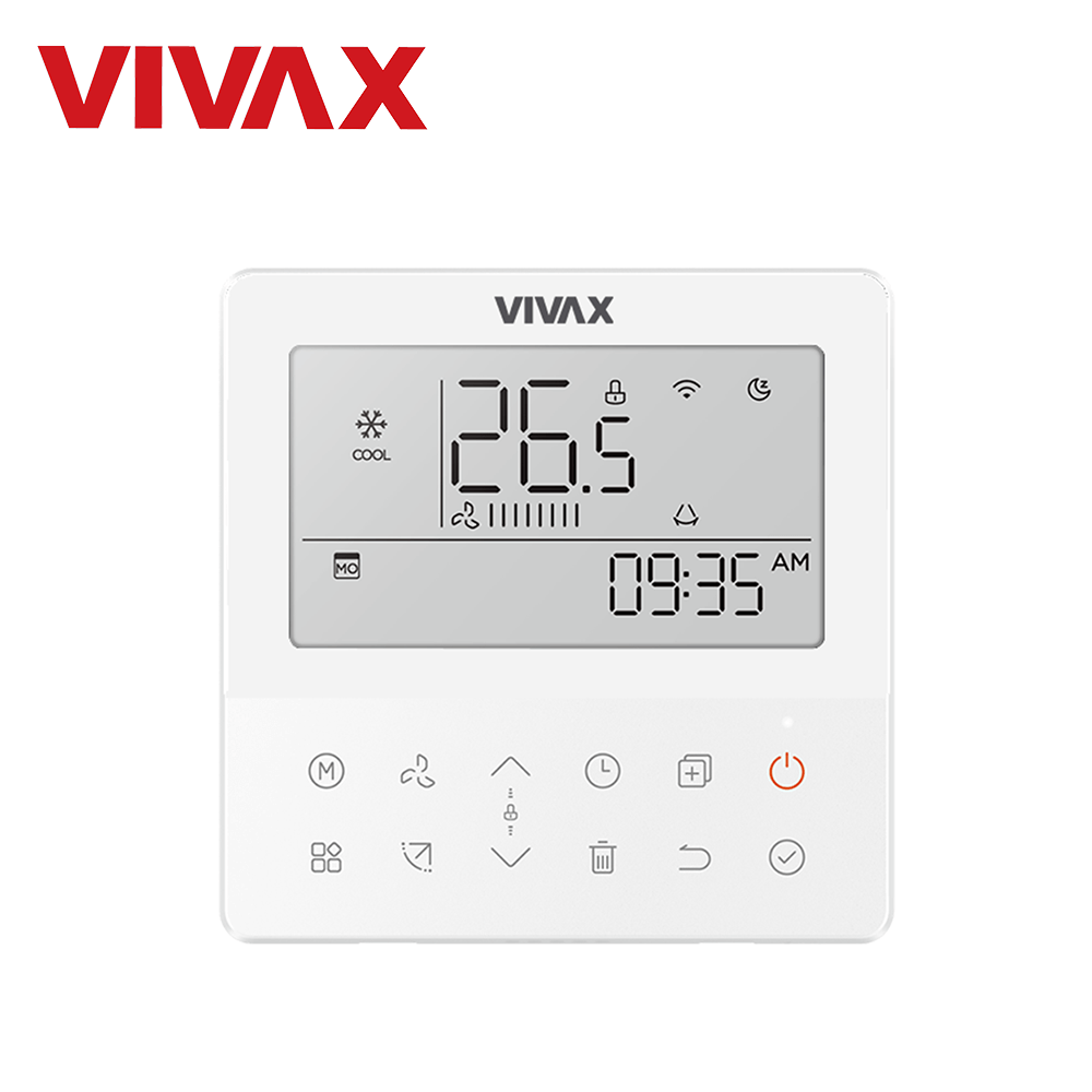 Telecomanda Vivax KJR-120N/BG, de perete, wired (cu fir), compatibilitate Caseta, Duct, Convertibil, display LCD, culoare alb